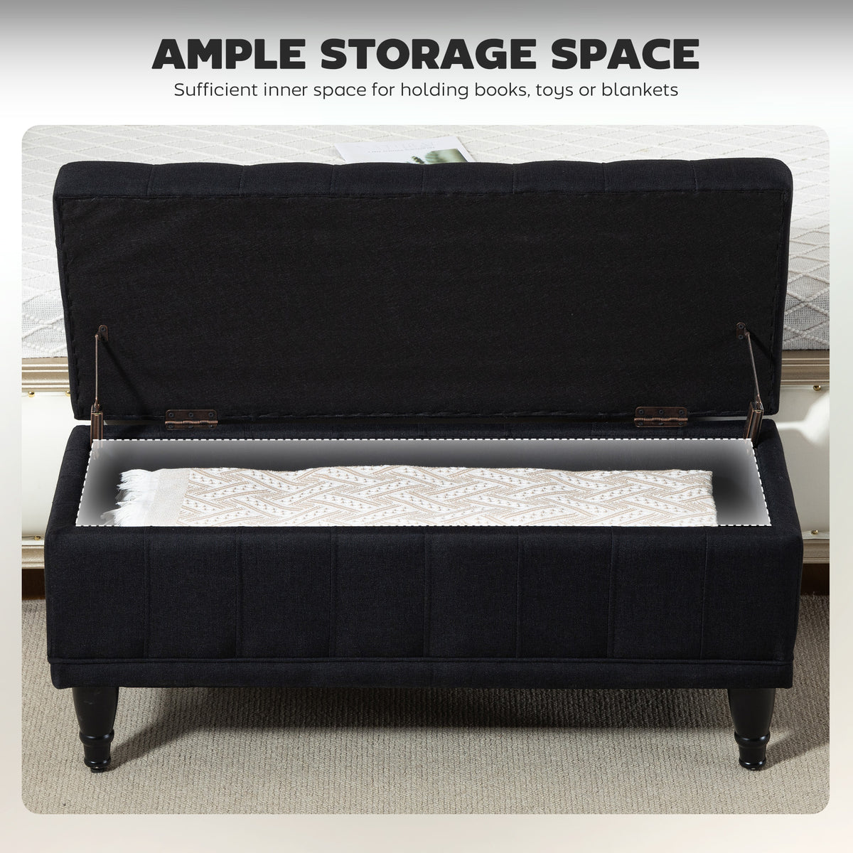 Banc de rangement capitonné en tissu