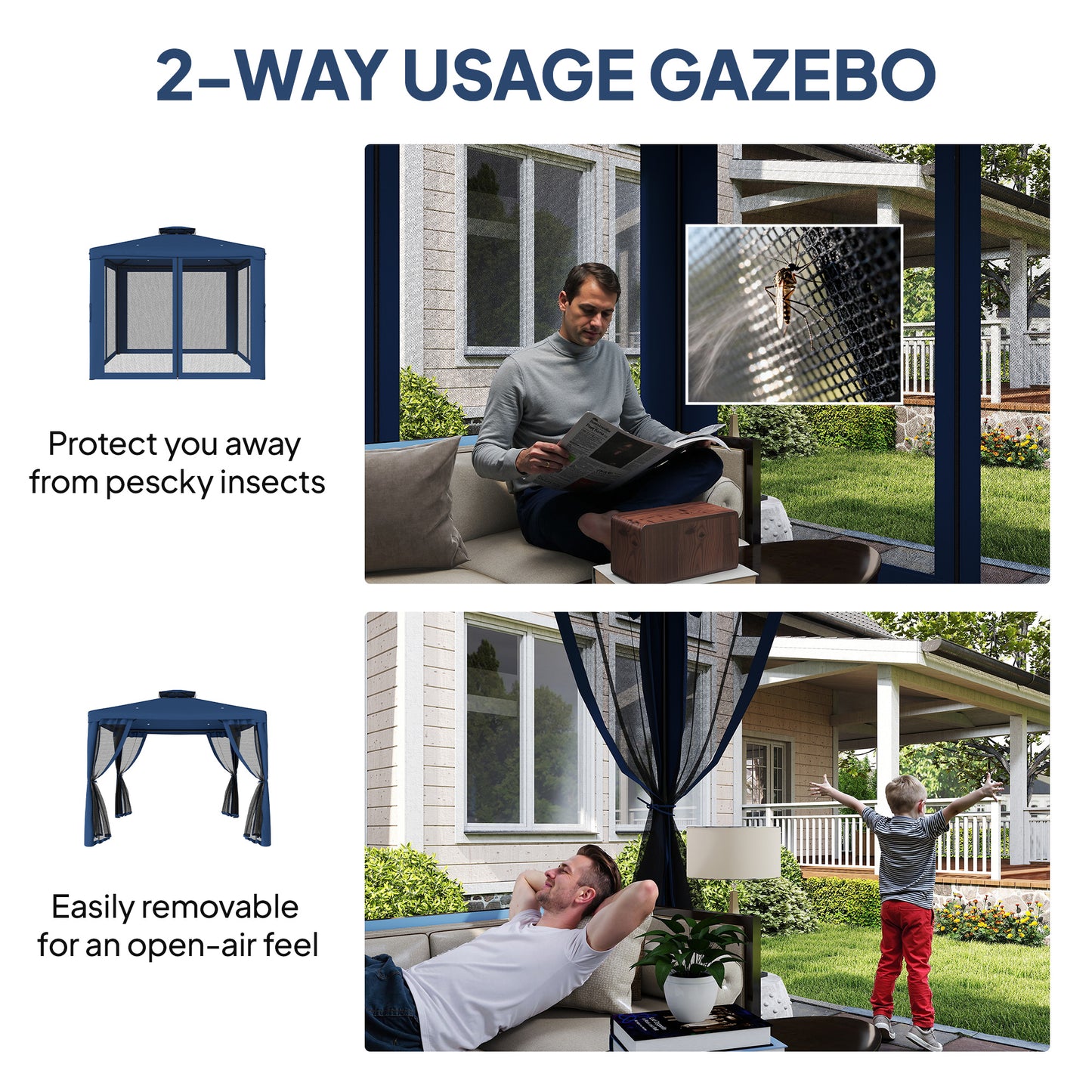 Gazebo patio toit double moustiquaire 2,9m x 2,9m