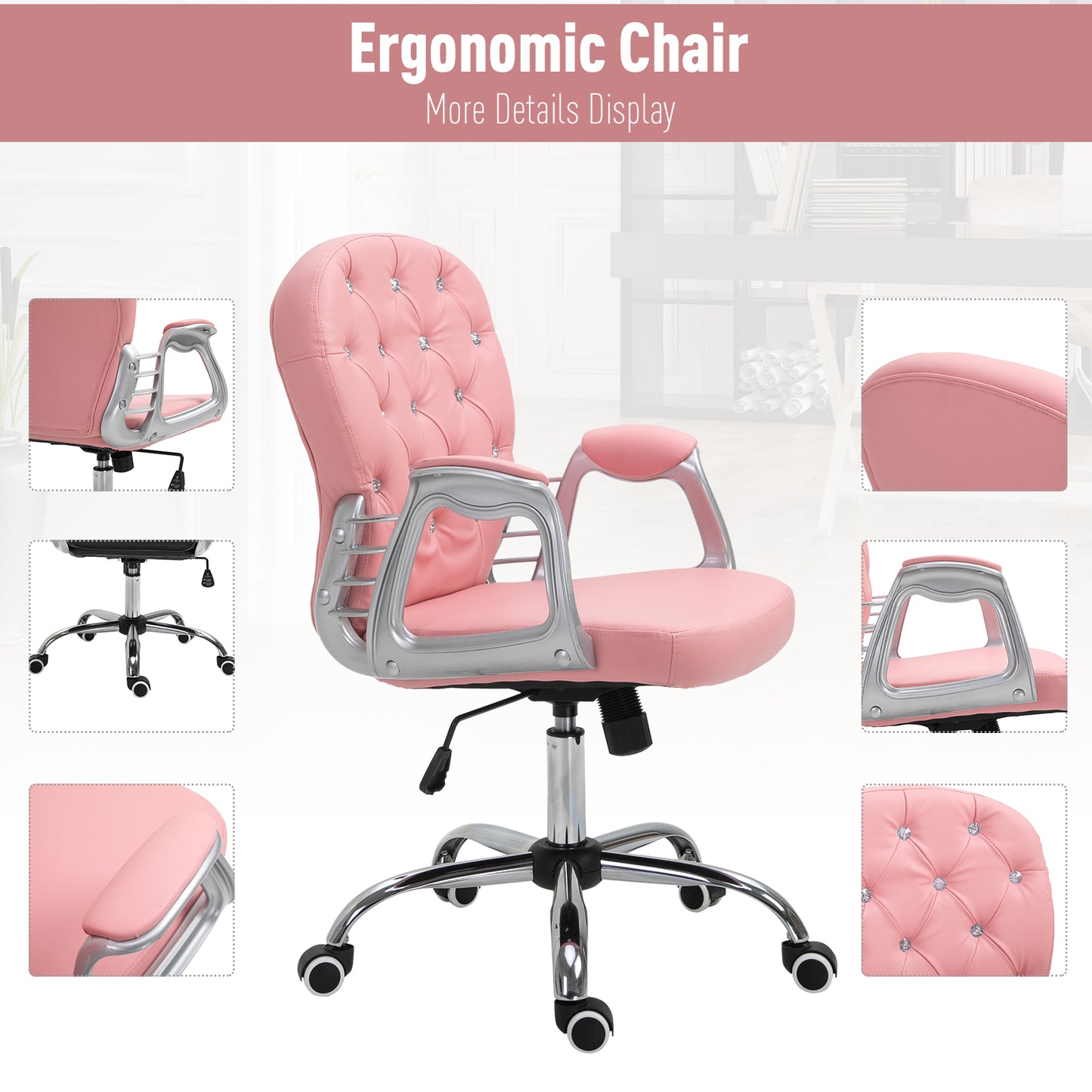Chaise de bureau capitonnée cuir synthétique cristaux décoratifs