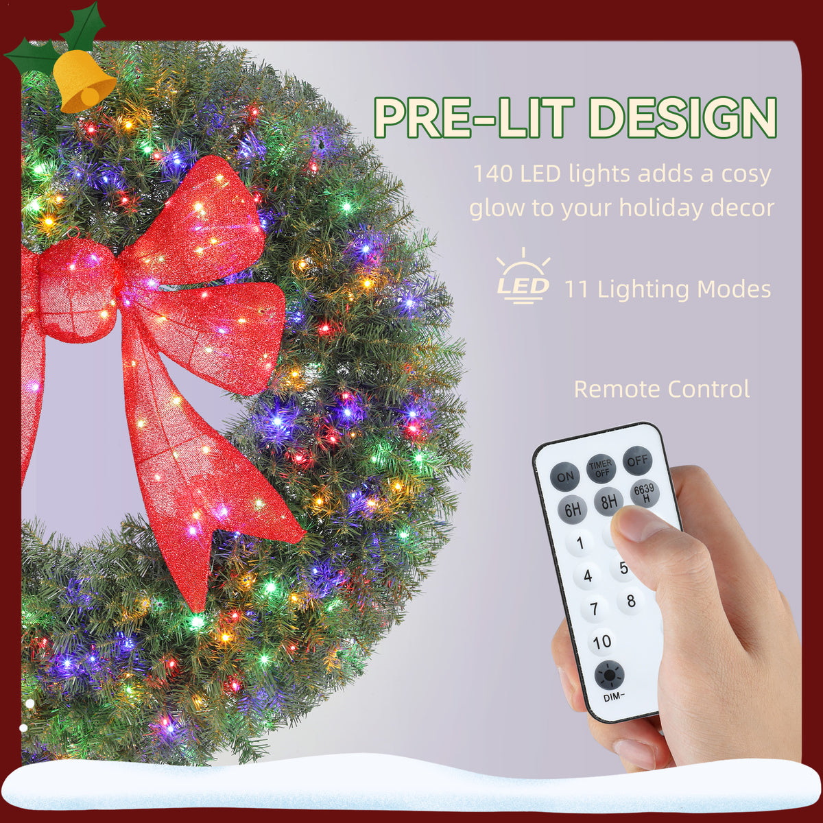 Couronne de Noël illuminée nœud 3D 91 cm