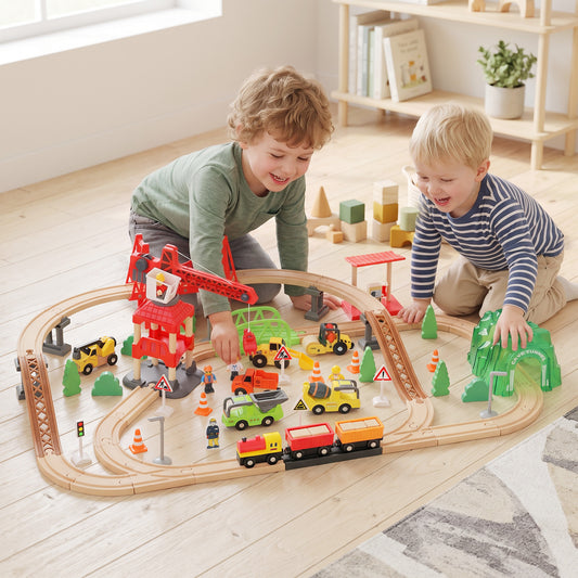 Ensemble de train en bois et pistes pour enfants — Lot de 91