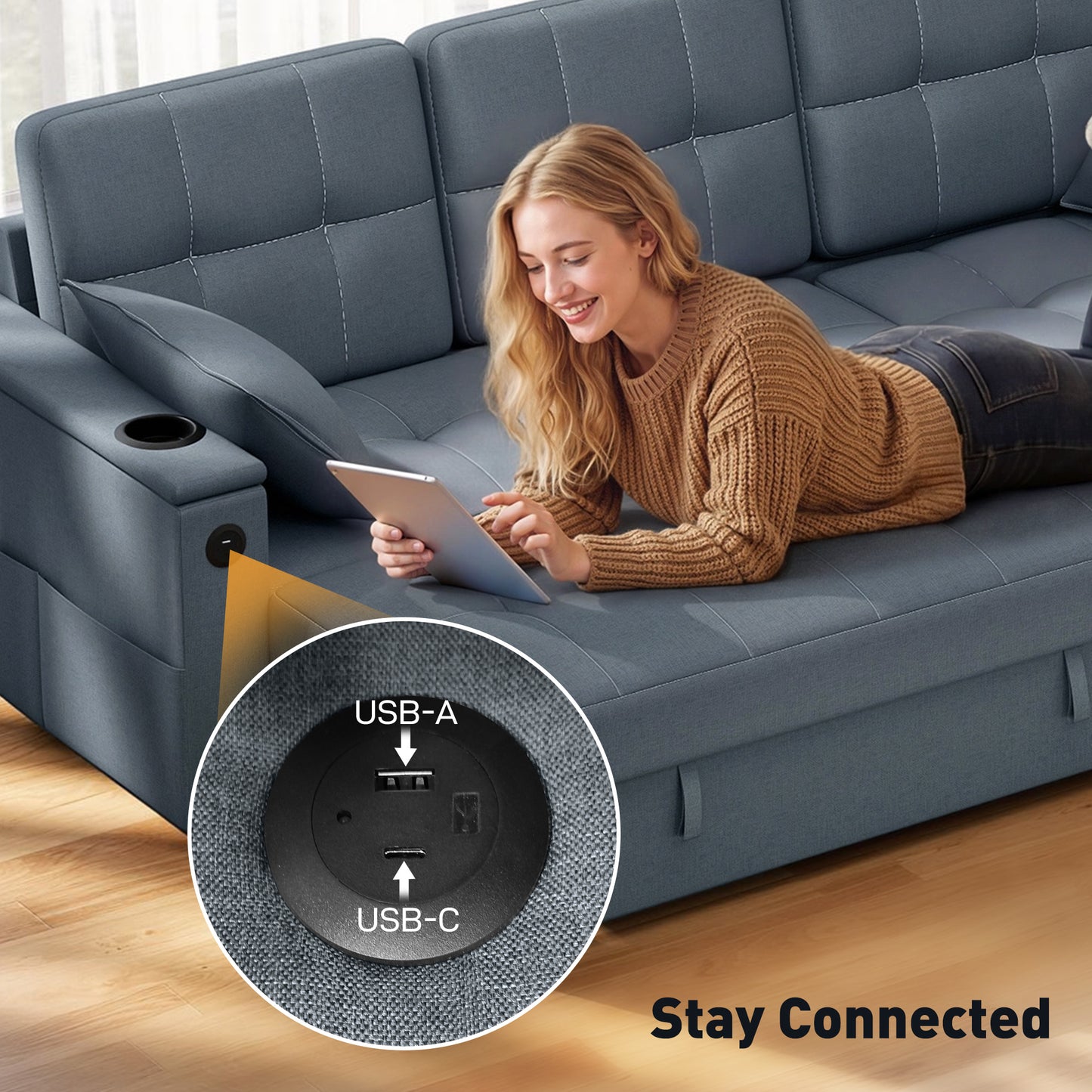 Sofa-lit sectionnel convertible en L avec rangement et ports USB