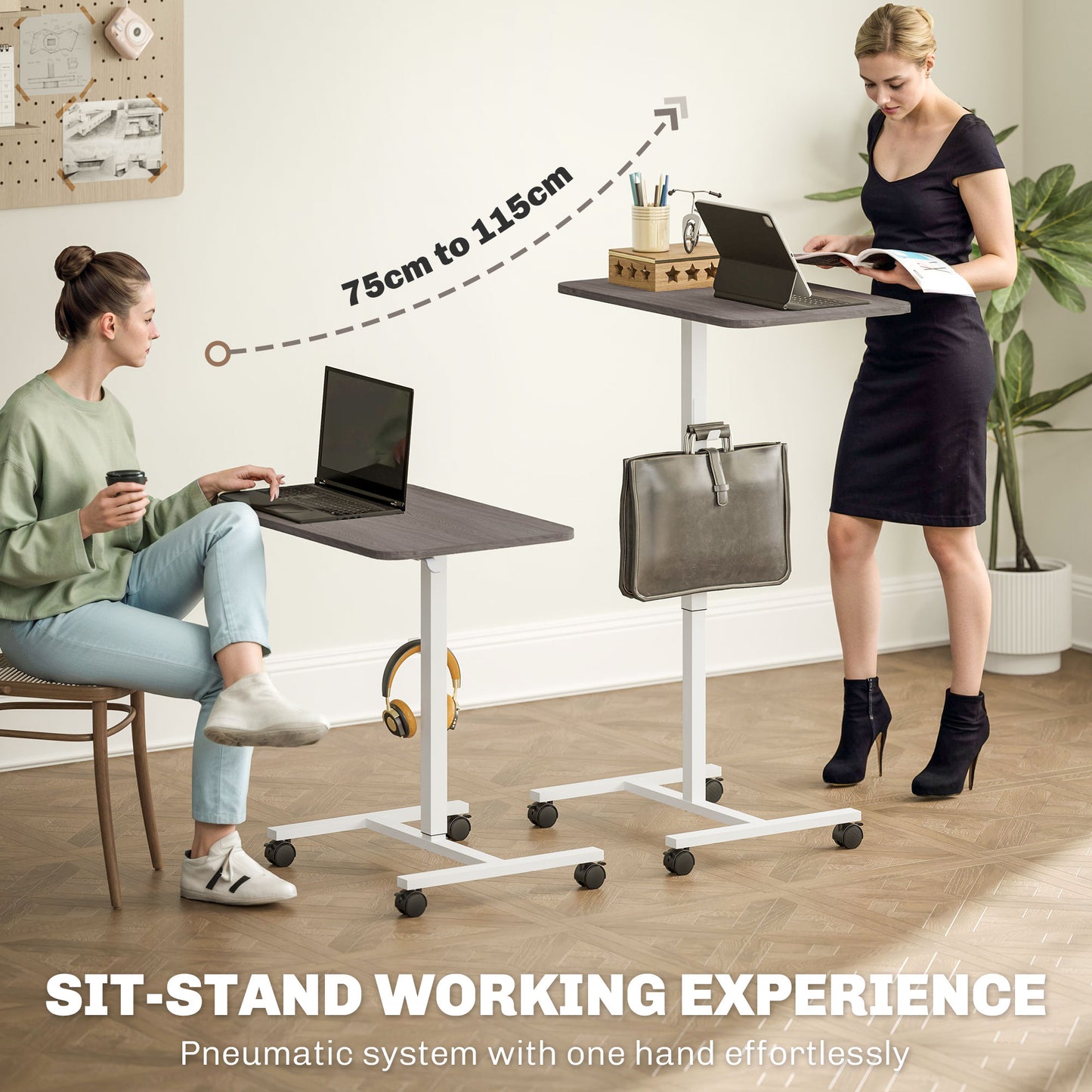 Bureau debout pneumatique ajustable avec roulettes