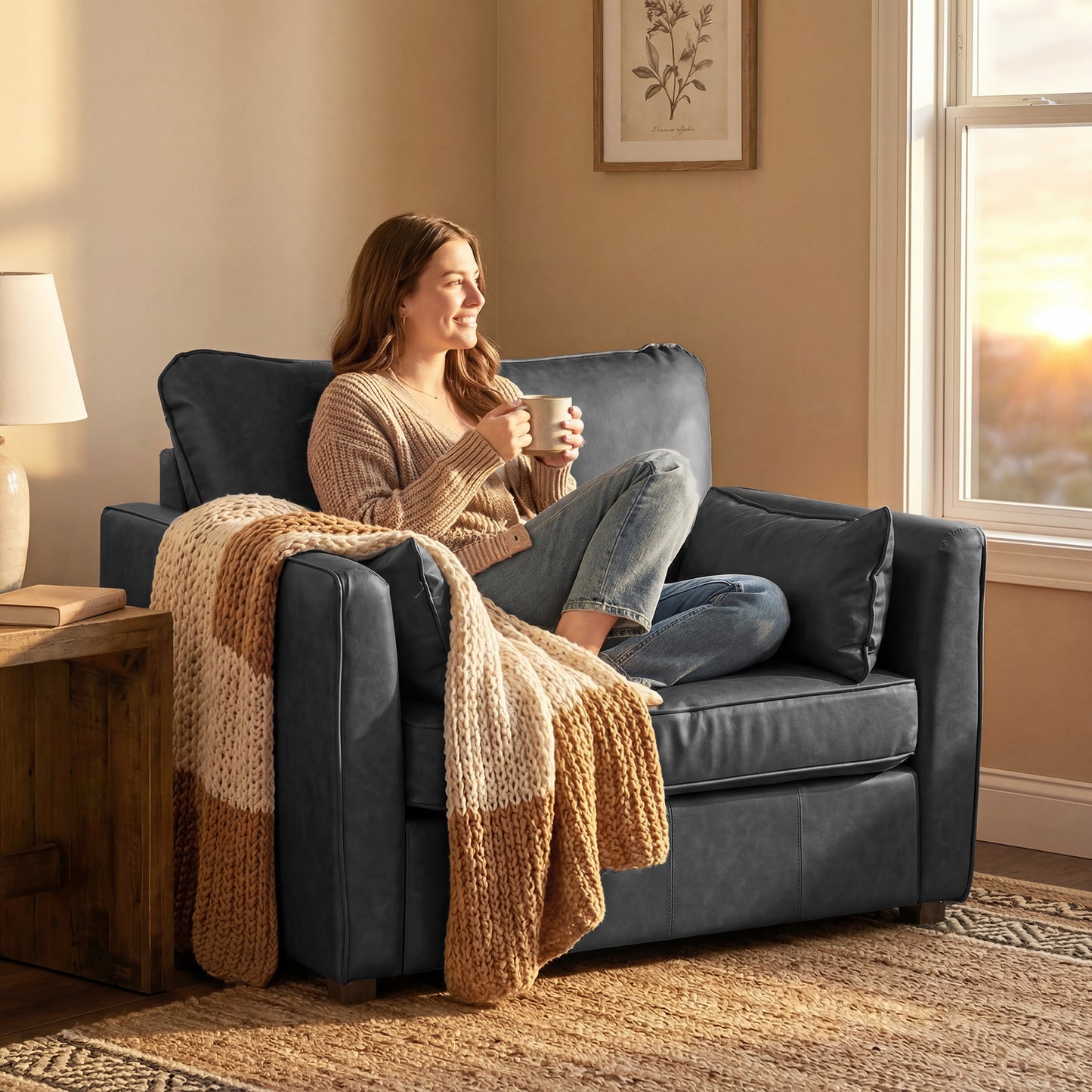 Fauteuil accent cuir PU siège large avec coussins