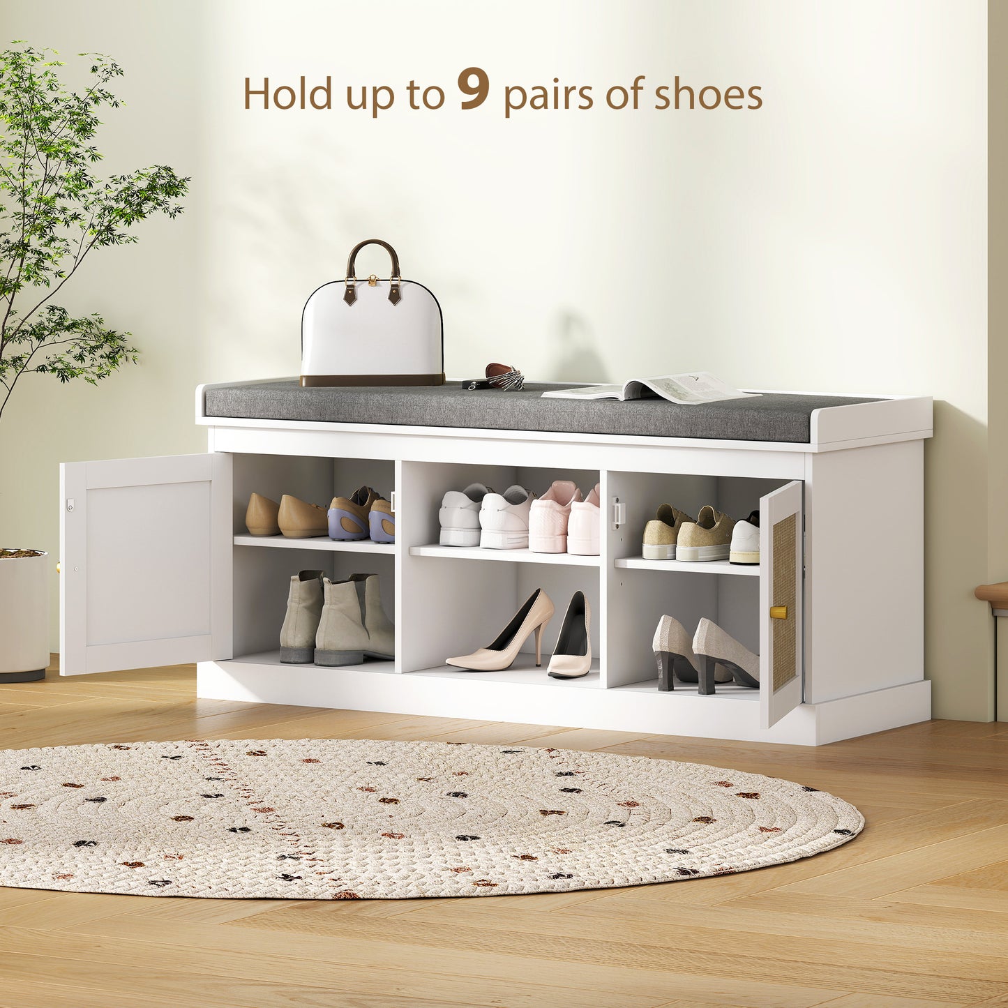 Banc à chaussures style boho avec coussin rembourré