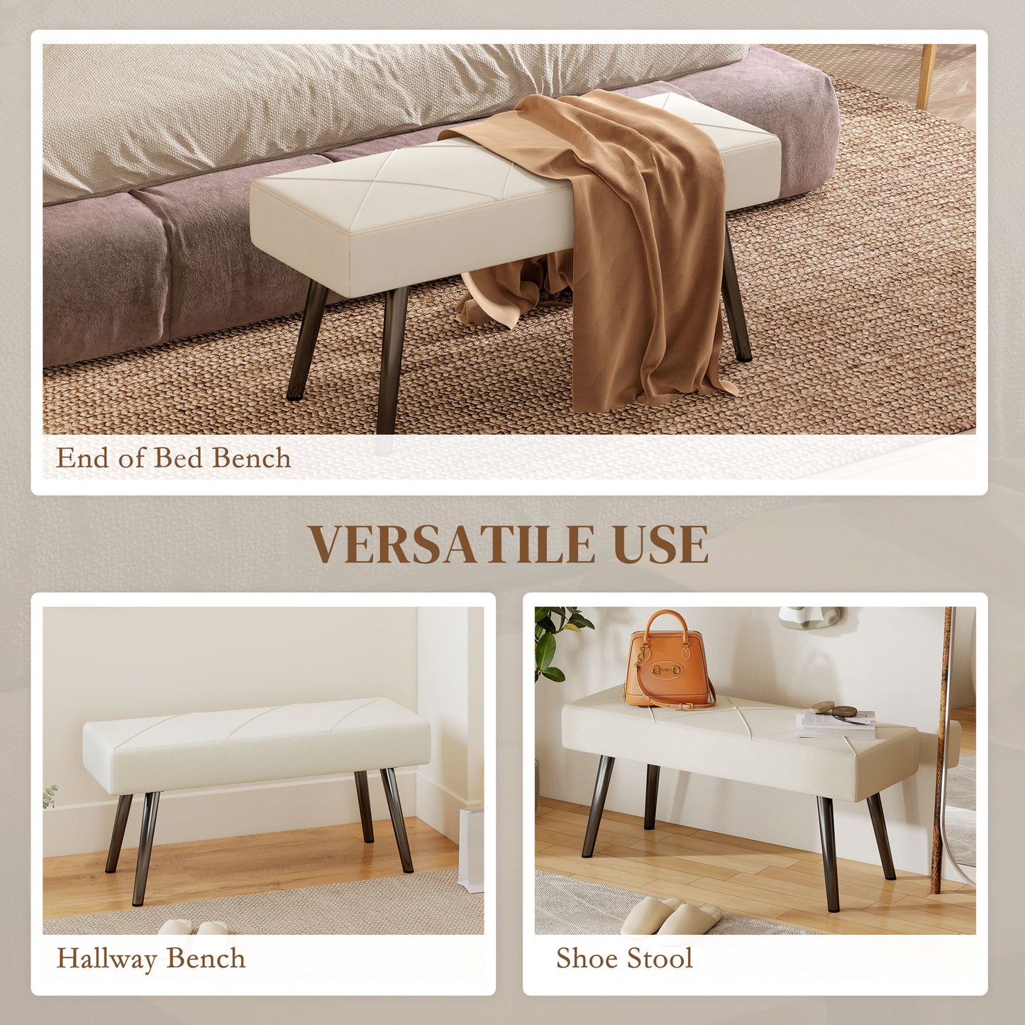 Banc de lit capitonné velours — pieds en acier