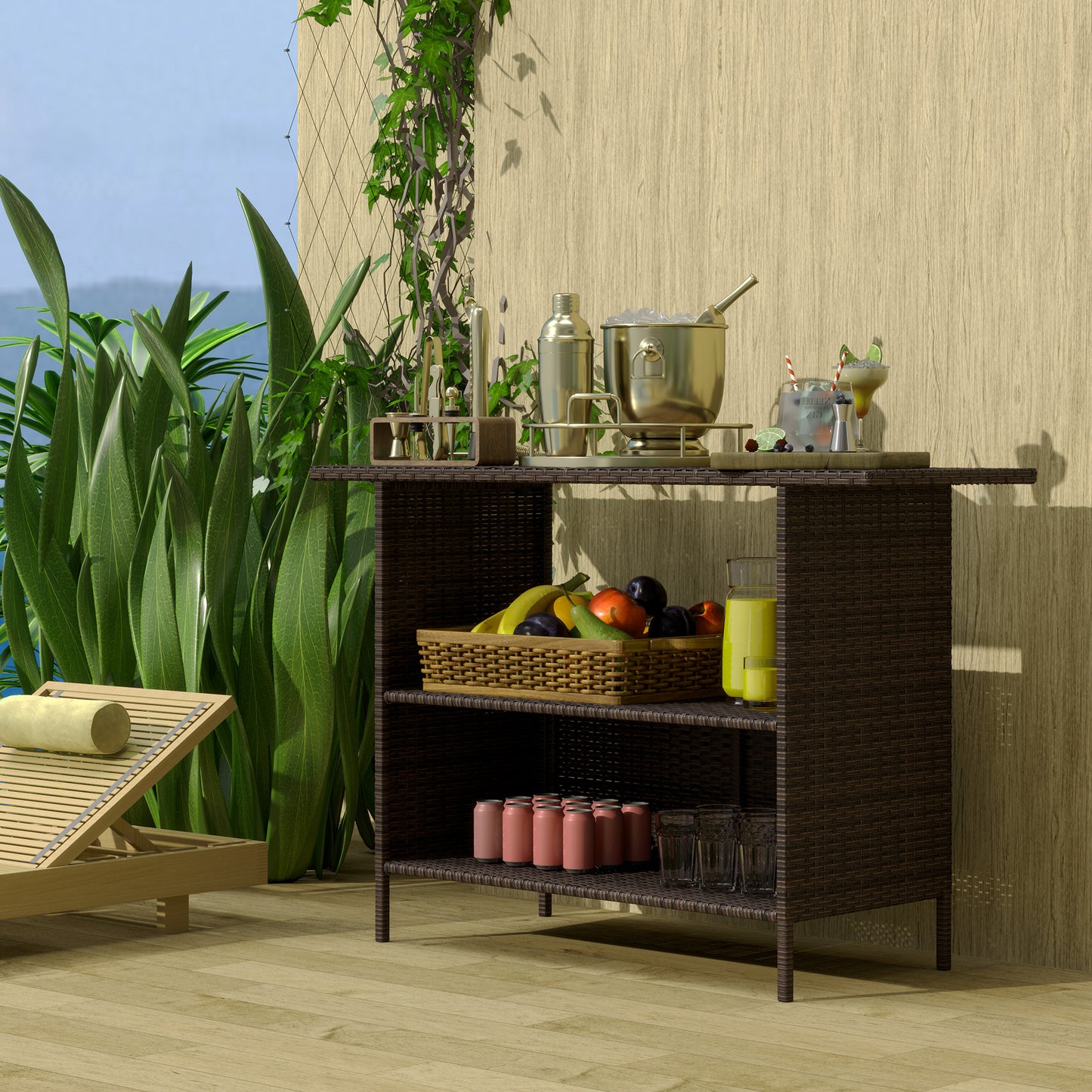 Table de bar en rotin tressé avec 2 tablettes