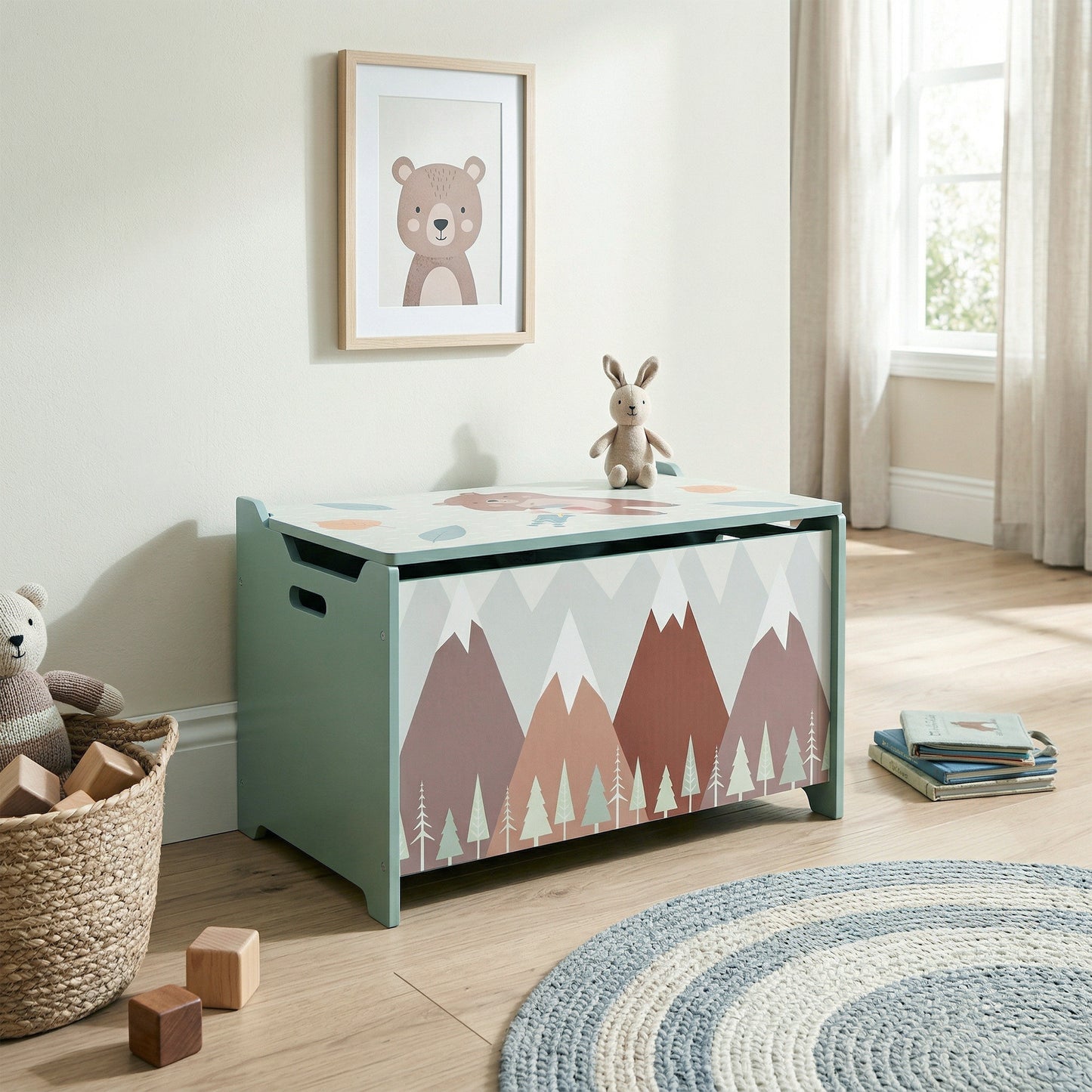 Coffre à jouets avec couvercle et charnières de sécurité