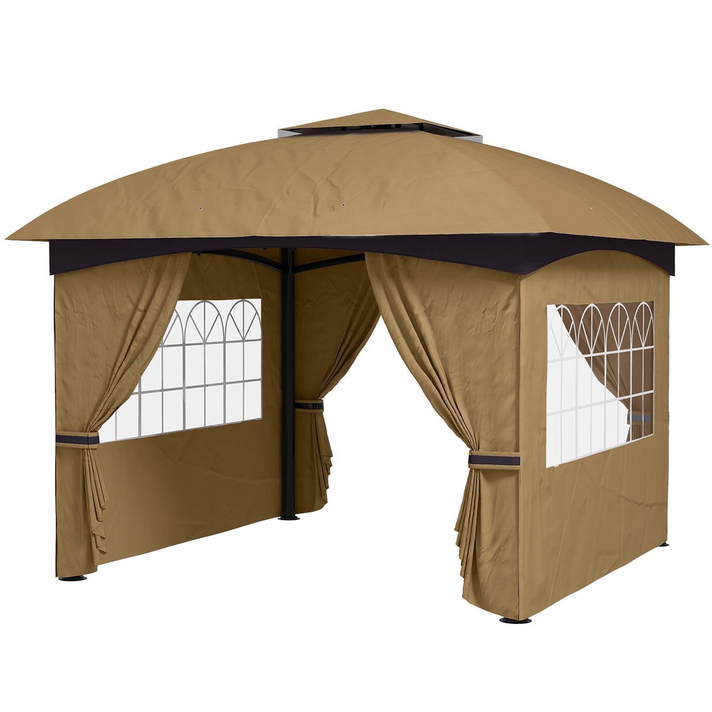 Gazebo de patio double toit avec rideaux et fenêtres d'église