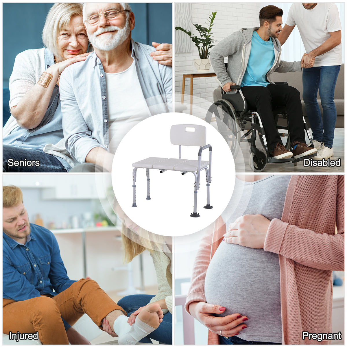 Banc de douche réglable en aluminium avec accoudoirs