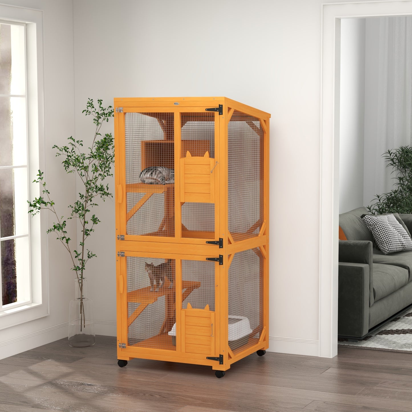 Enclos extérieur surélevé avec roues et plateforme de repos