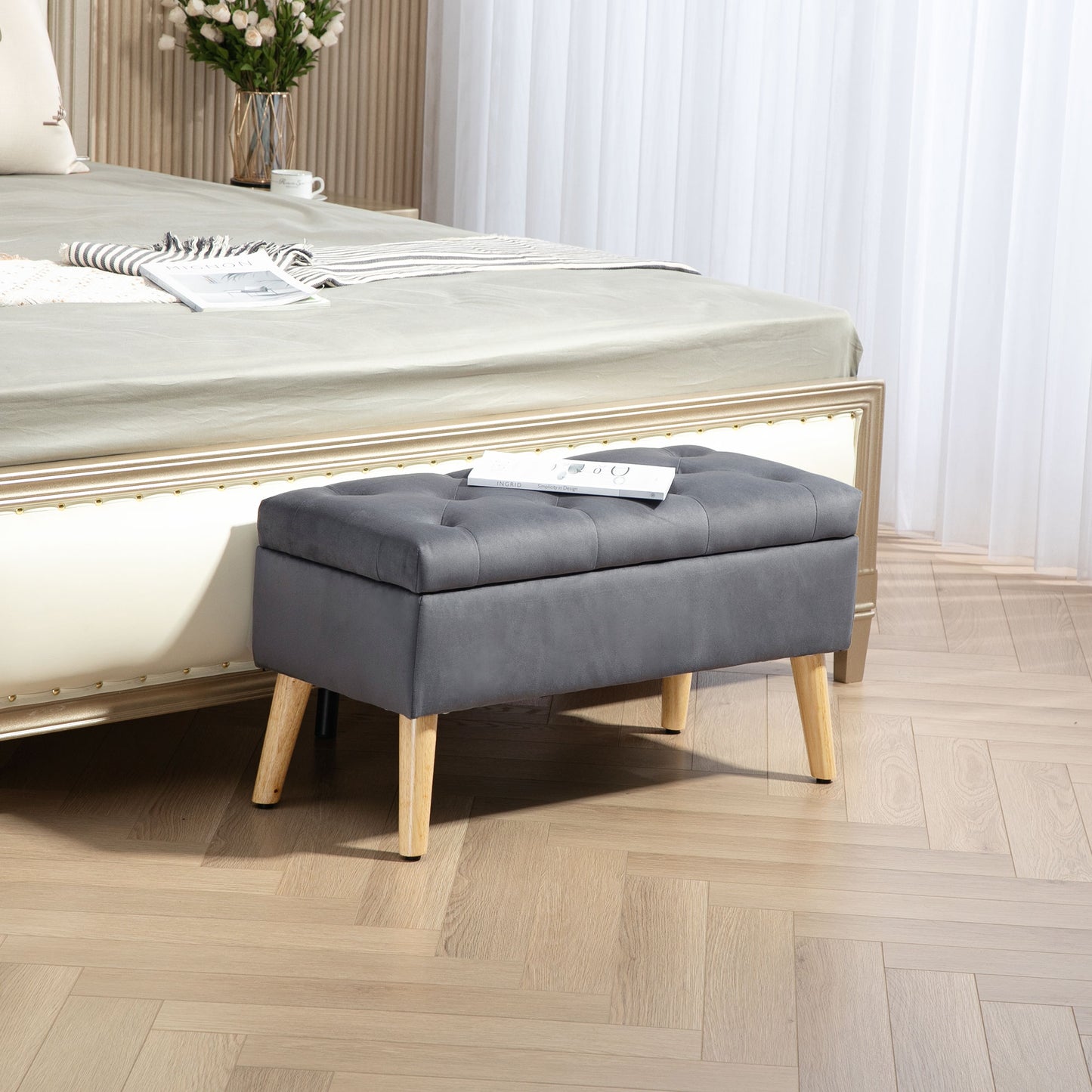 Pouf coffre rembourré velours avec pattes en bois