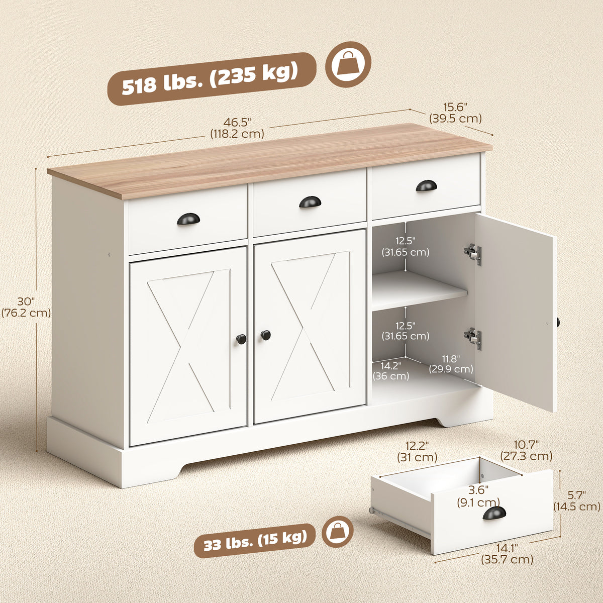 Buffet de style fermette avec portes de grange et tiroirs