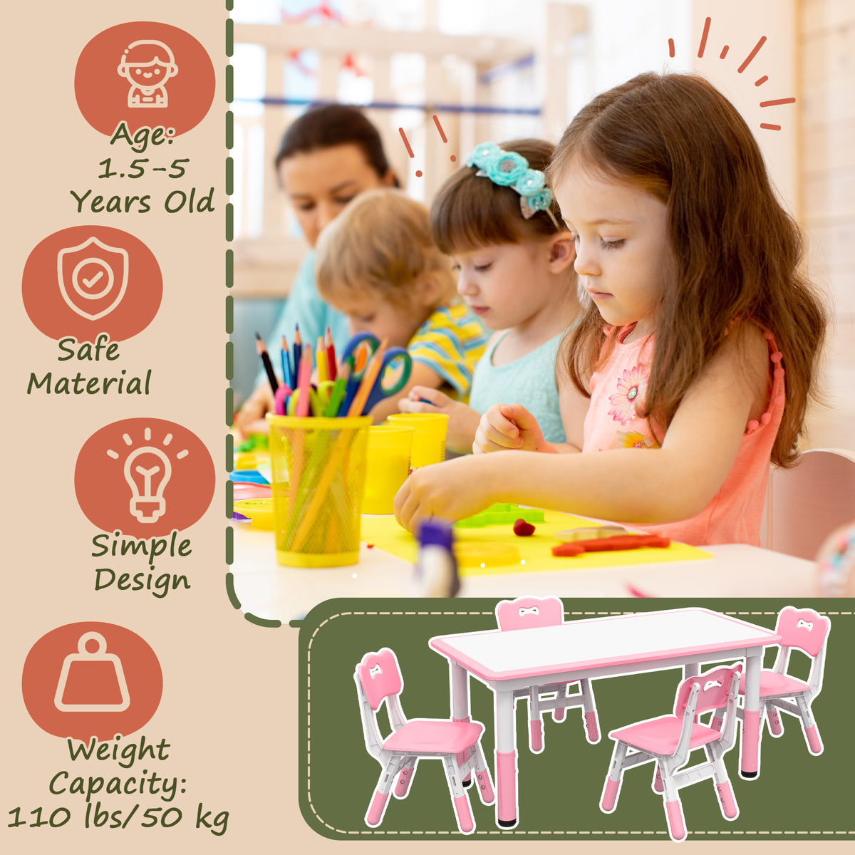 Ensemble table et chaises pour enfants ajustable — Lot de 5