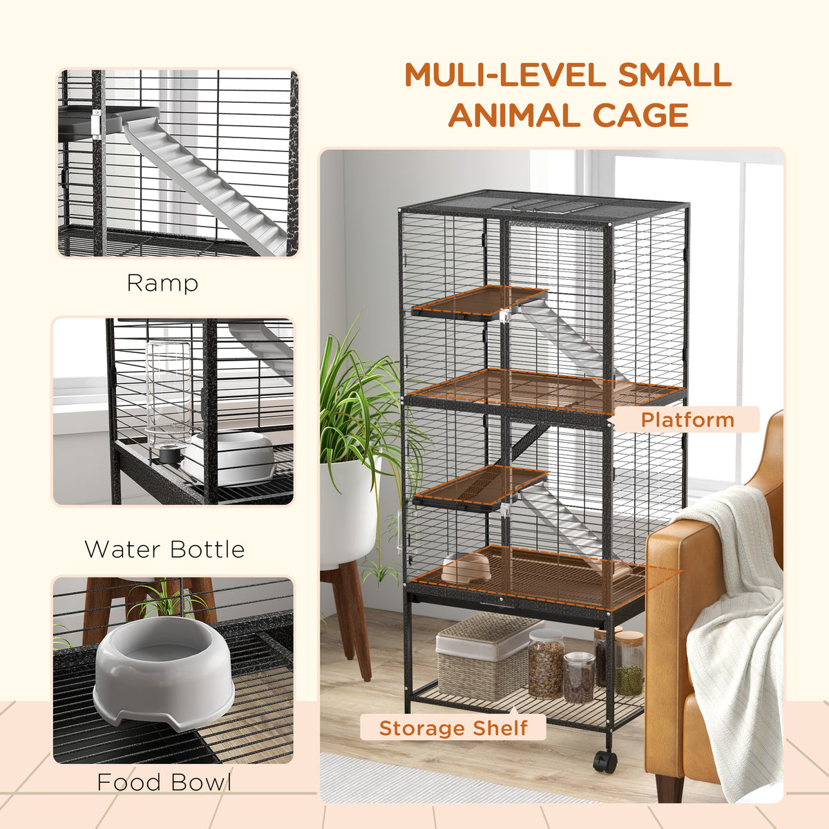 Cage à roulettes pour petits animaux à 4 niveaux