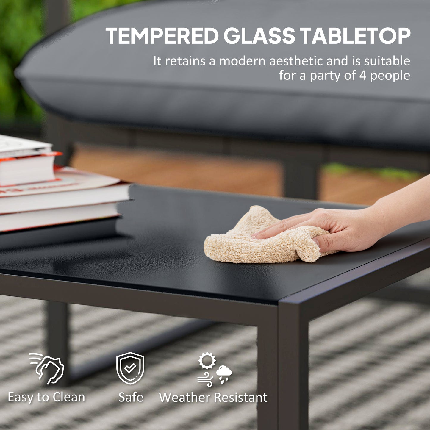 Ensemble patio conversation 4 pièces avec table verre trempé