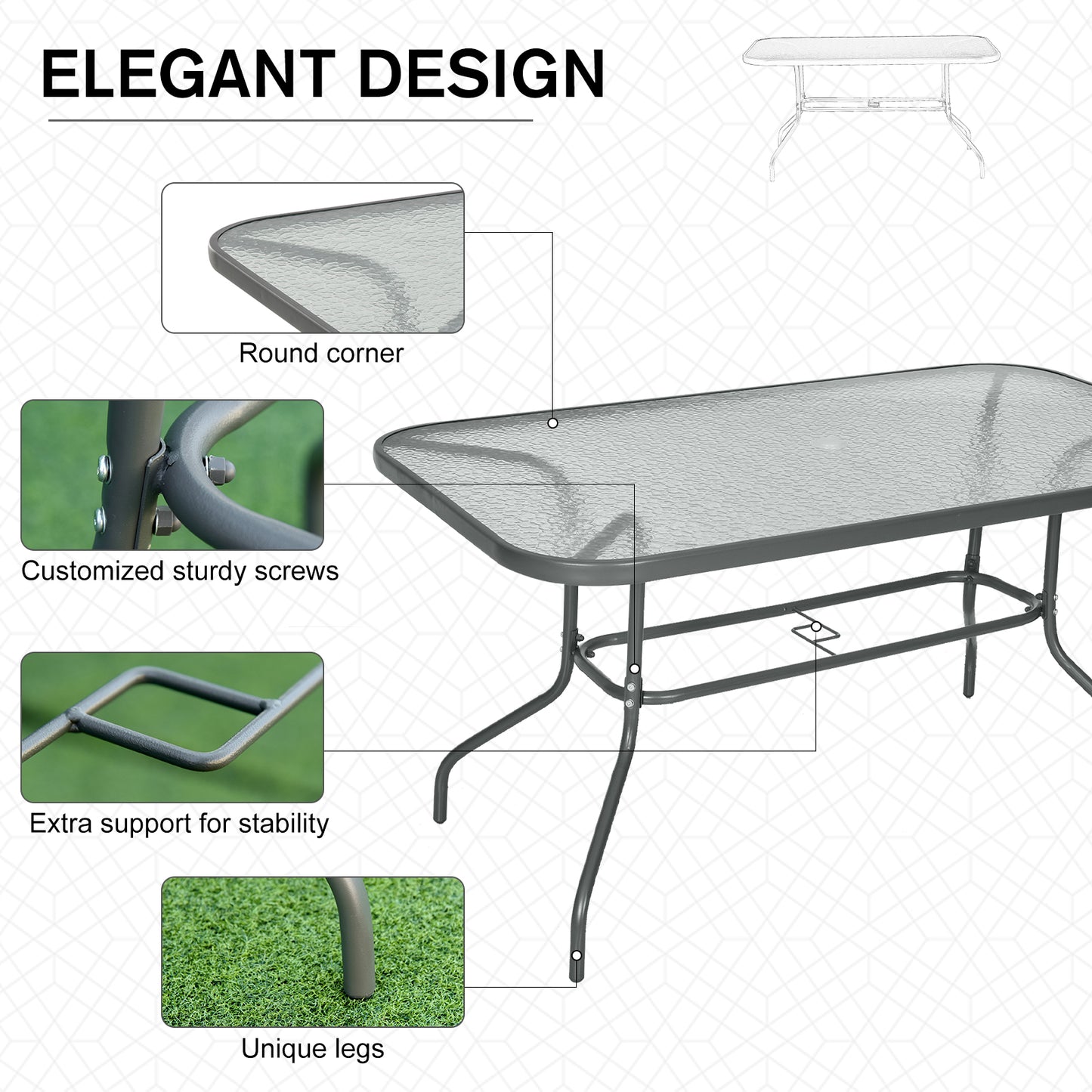 Table de patio en verre trempé avec trou pour parasol