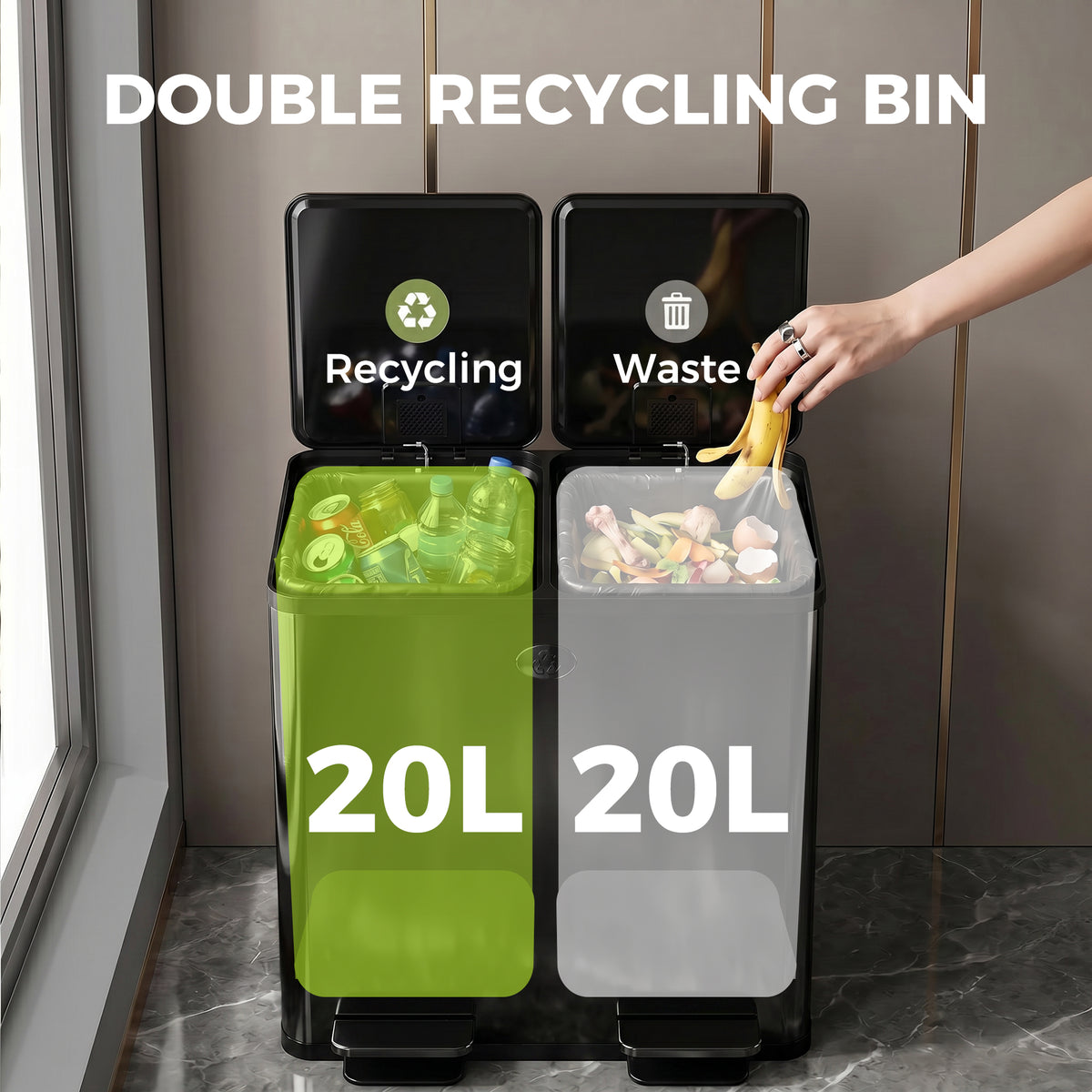 Poubelle double inox à pédale fermeture douce