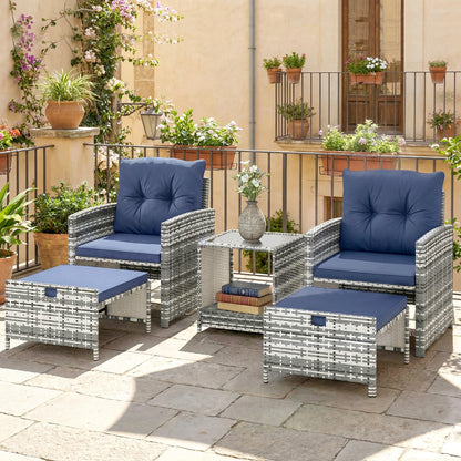 Outsunny 5-Piece Rattan Patio Set - Chairs + Ottomans + Glass Table