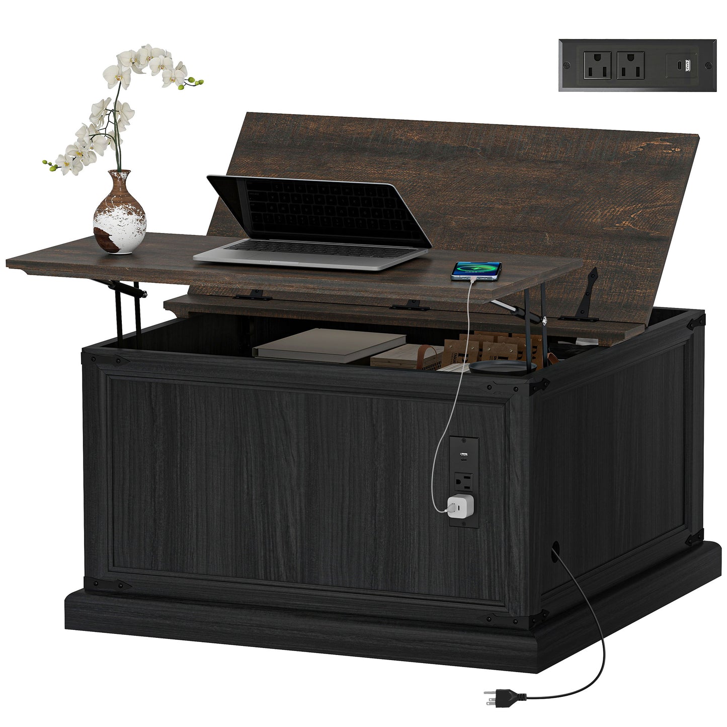 Table basse relevable avec station de recharge et rangement