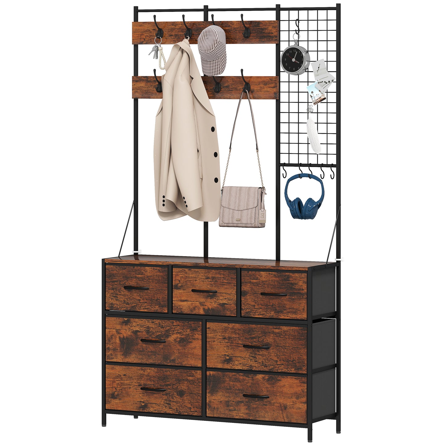Hall tree 4-en-1 avec commode 7 tiroirs et crochets