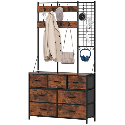 Hall tree 4-en-1 avec commode 7 tiroirs et crochets