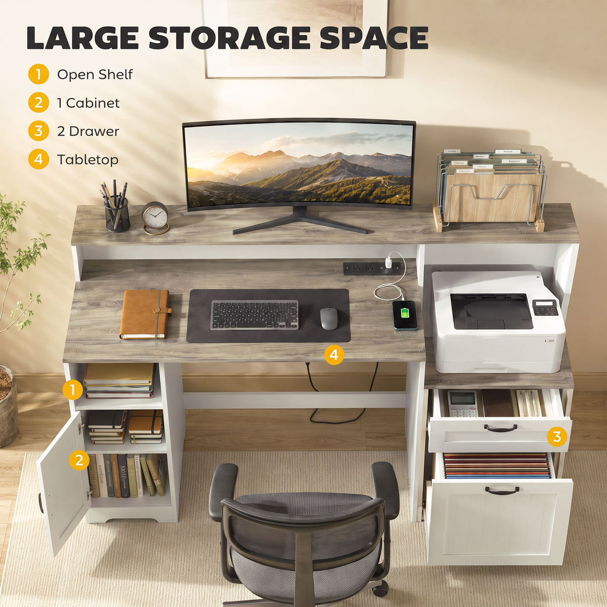 Bureau d'ordinateur de style champêtre avec prises de courant