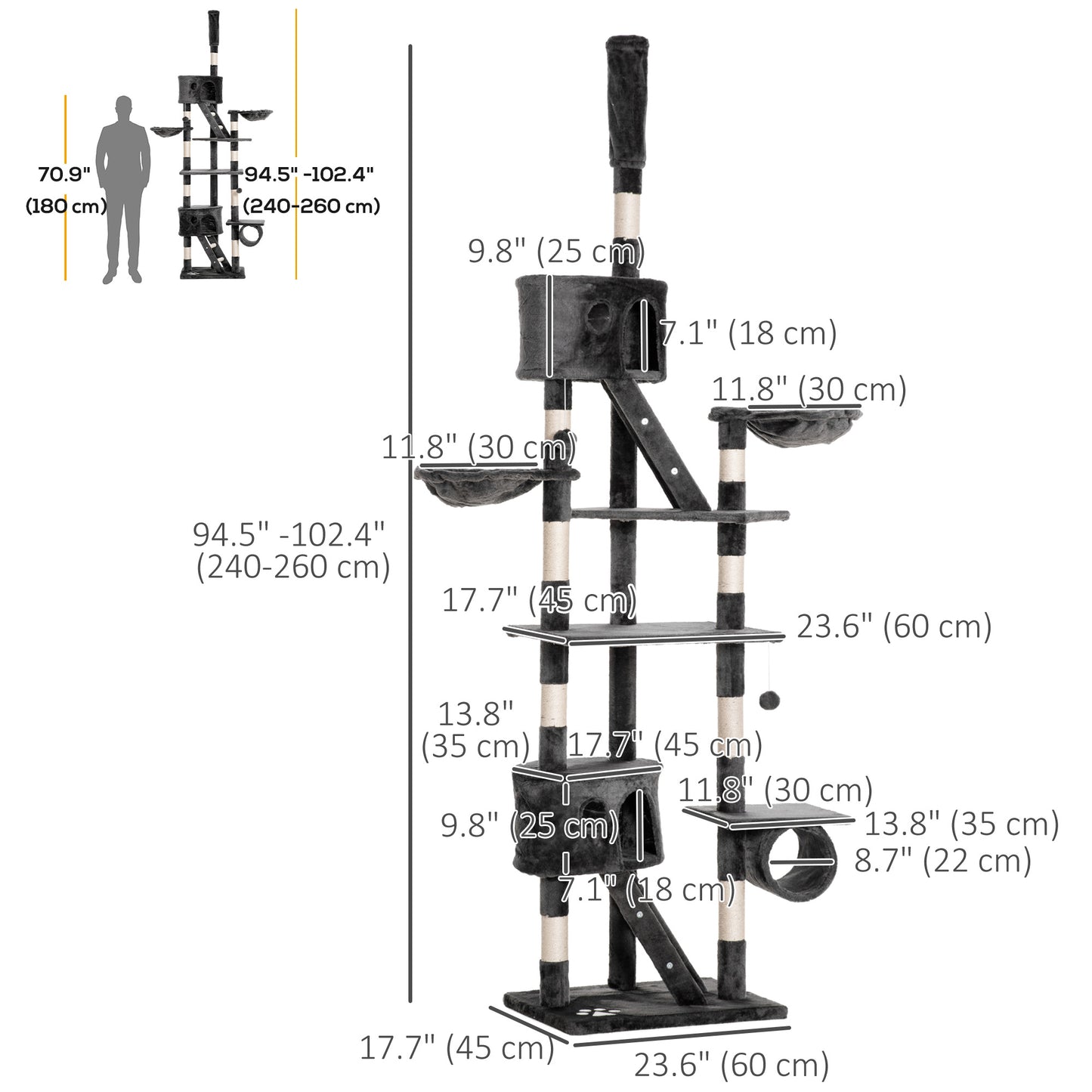 Arbre à chat multi-niveaux ajustable 240-260 cm