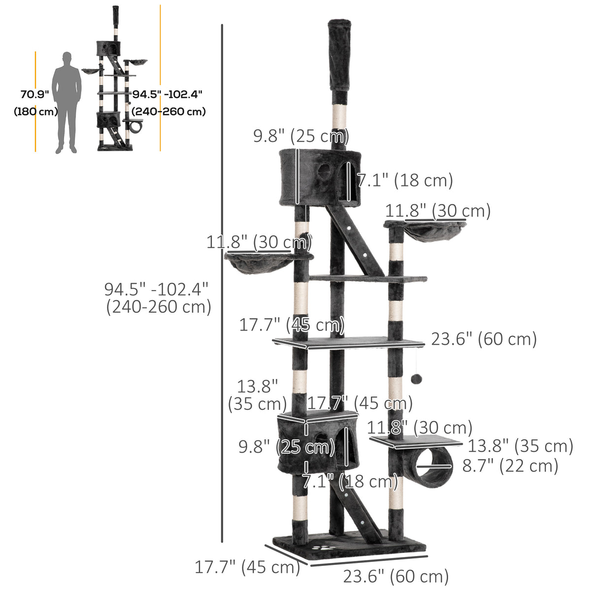Arbre à chat multi-niveaux ajustable 240-260 cm