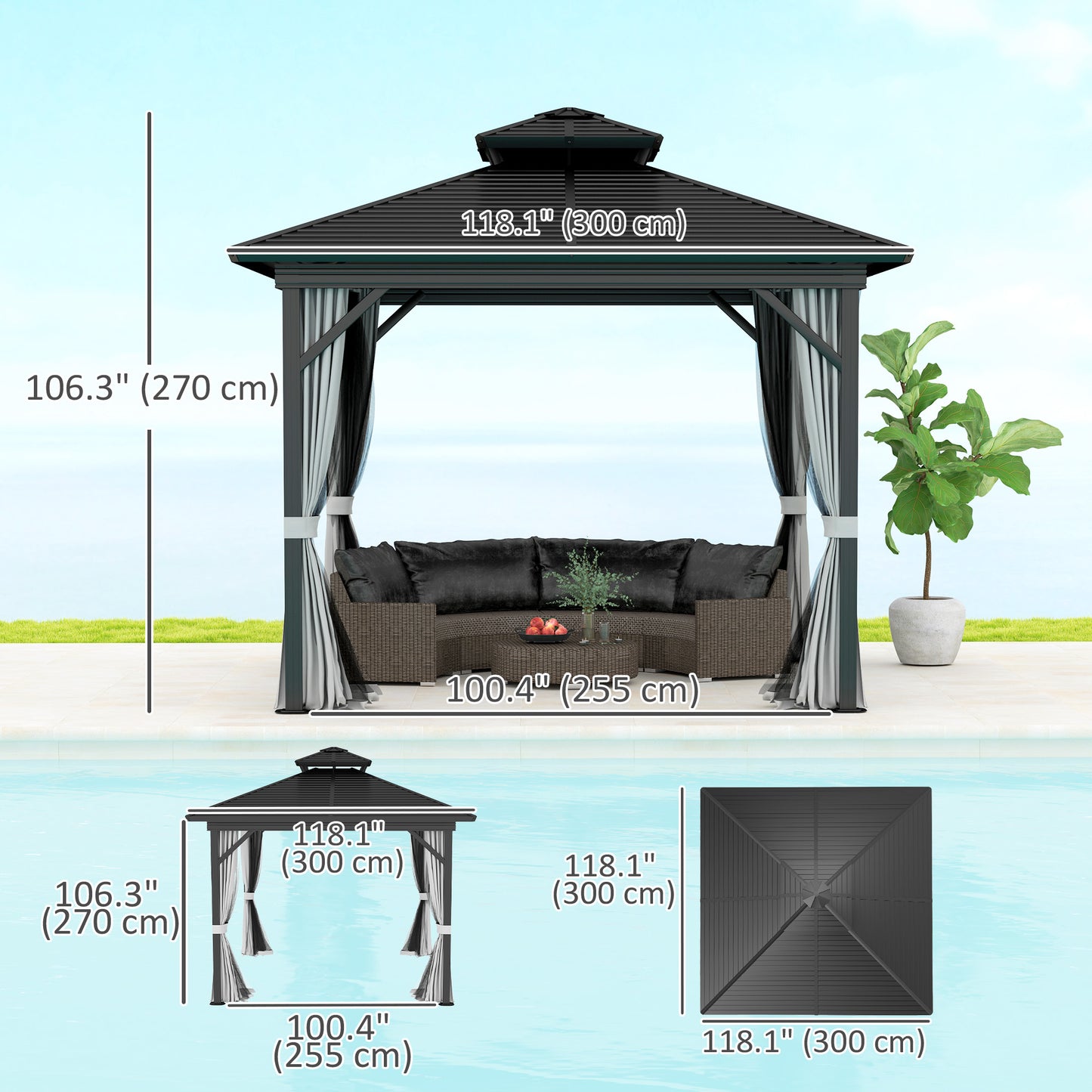 Gazébo toit rigide 3x3,7m double niveau moustiquaire