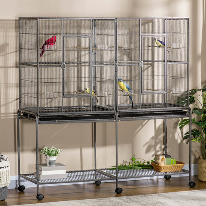 Grande cage à oiseaux sur roulettes avec perchoirs