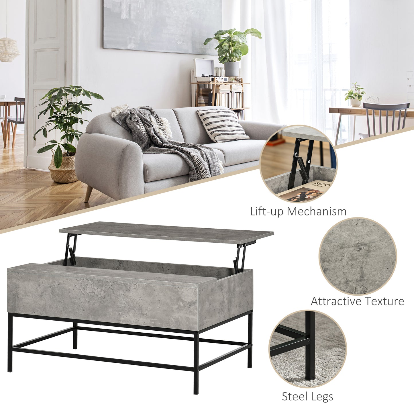 Table basse plateau relevable avec rangement caché