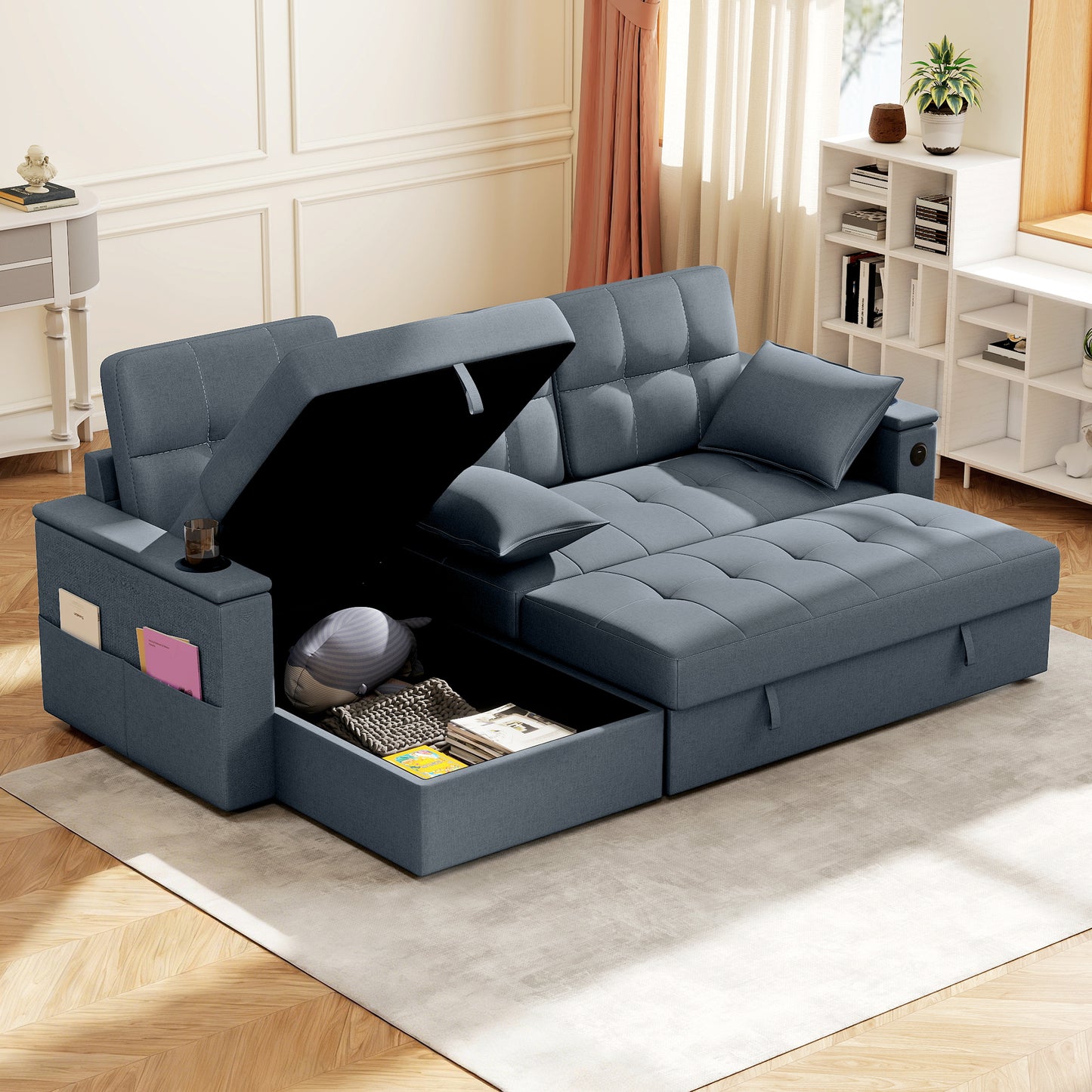 Sofa-lit sectionnel convertible en L avec rangement et ports USB