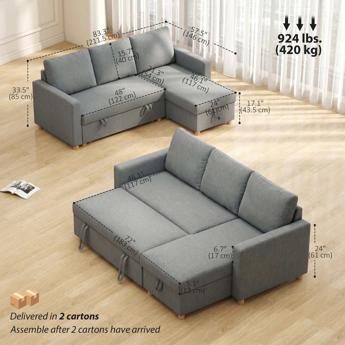 Canapé-lit 83 po convertible chaise réversible rangement