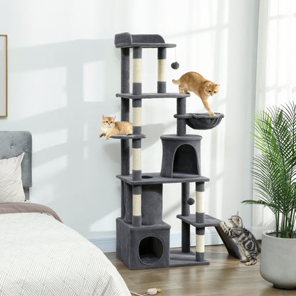 Arbre à chats 67 po multi-niveaux avec 7 griffoirs — gris foncé