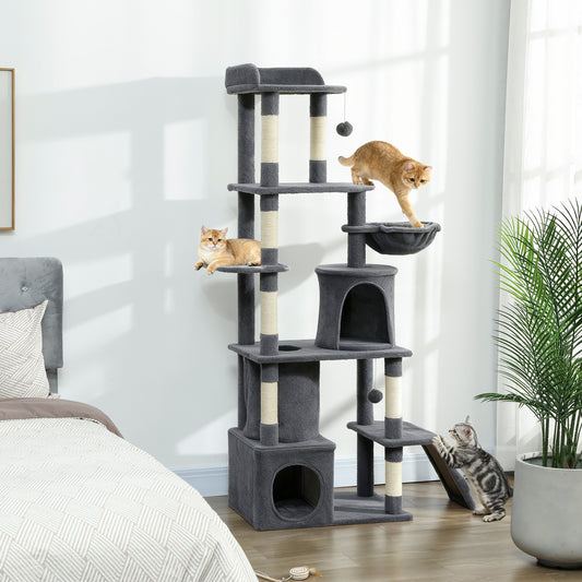Arbre à chats 67 po multi-niveaux avec 7 griffoirs — gris foncé