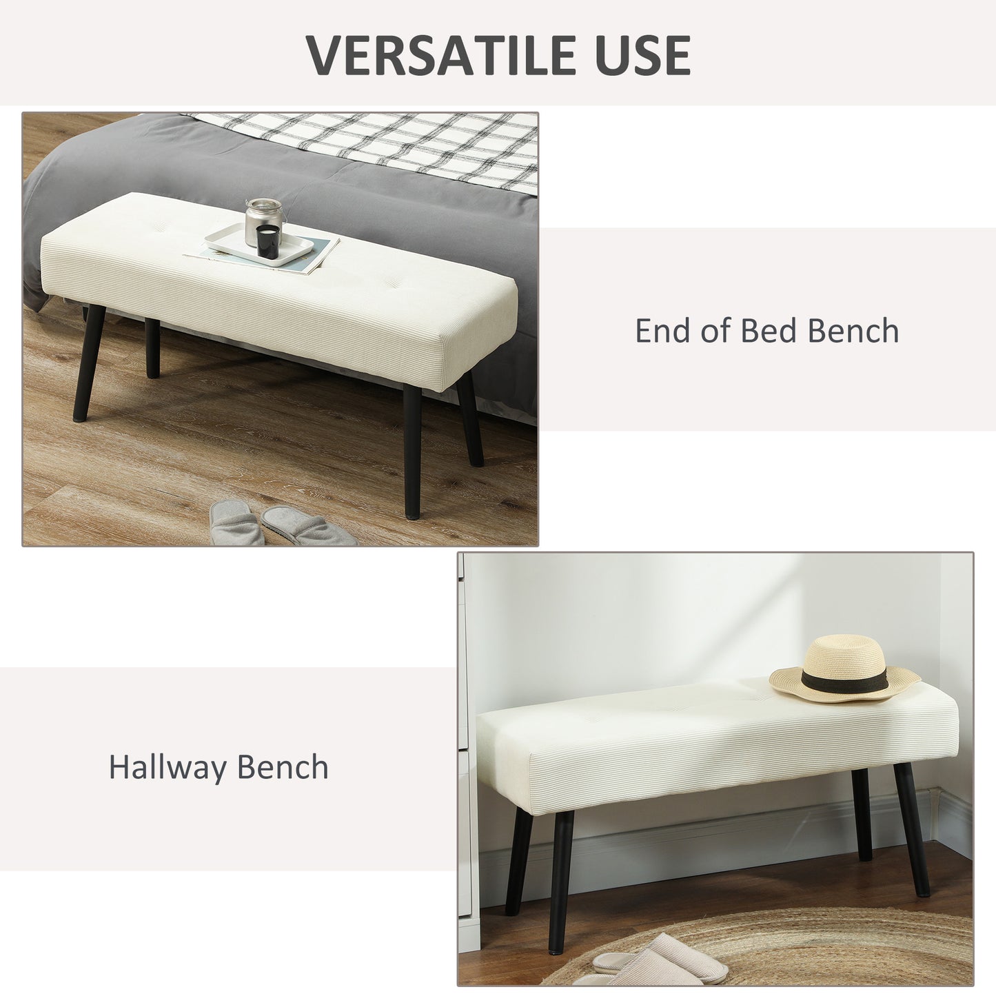 Banc capitonné en velours côtelé pieds en acier