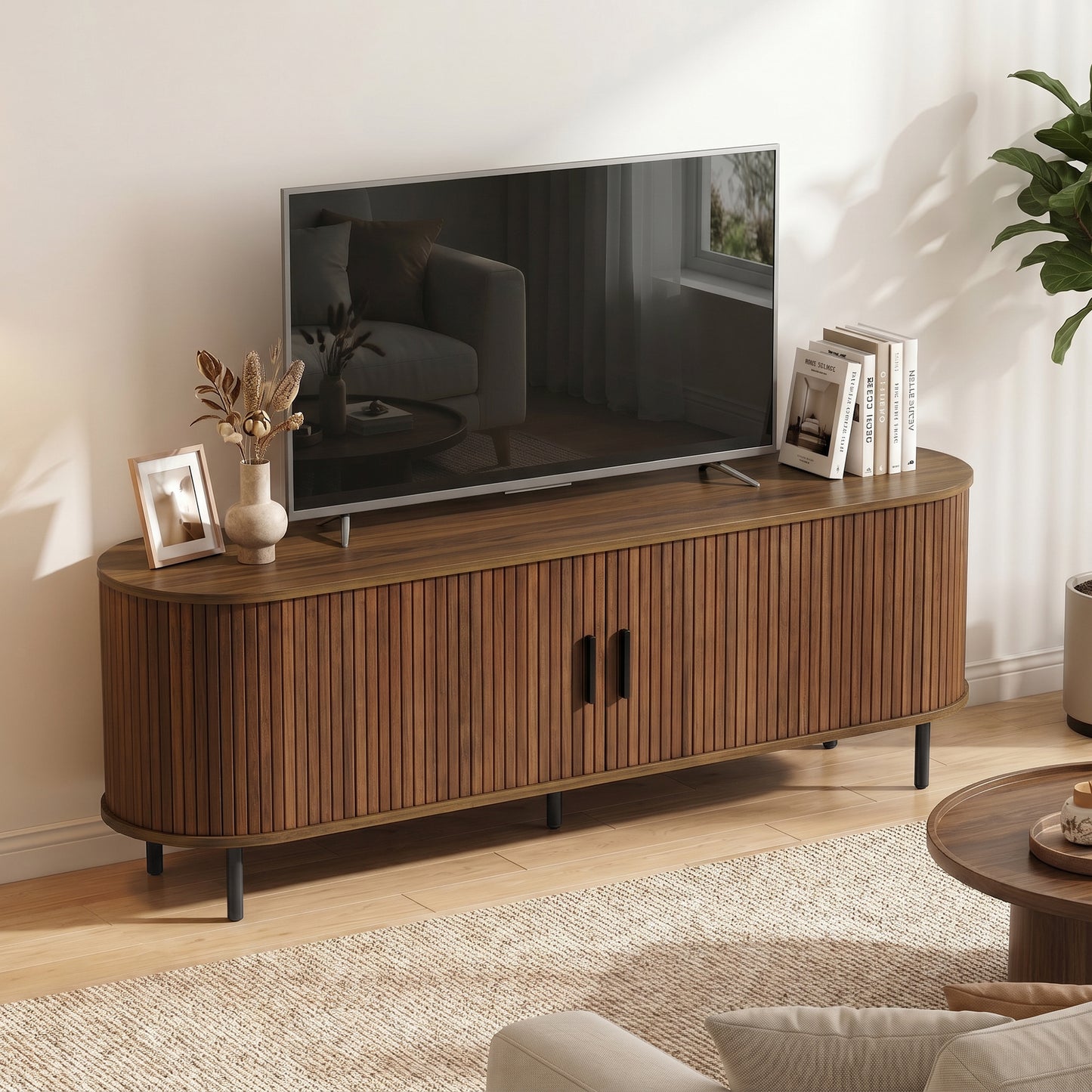 Meuble télé portes coulissantes courbées 152 cm