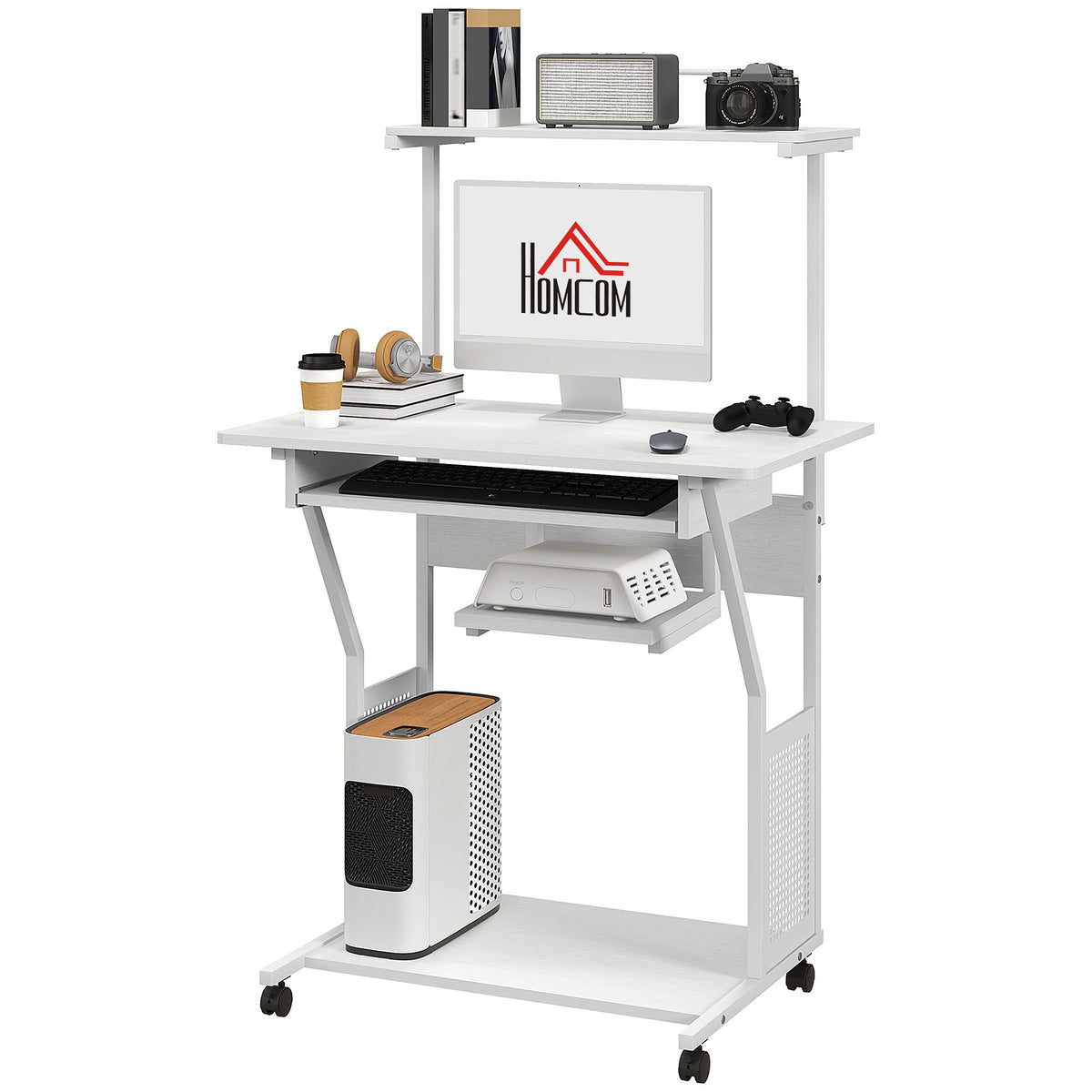 Bureau informatique mobile avec étagères et roulettes