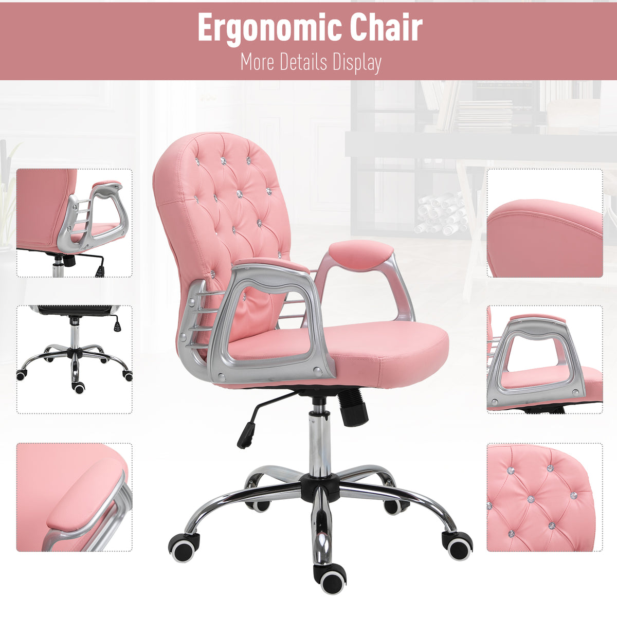 Chaise de bureau capitonnée cuir synthétique cristaux décoratifs