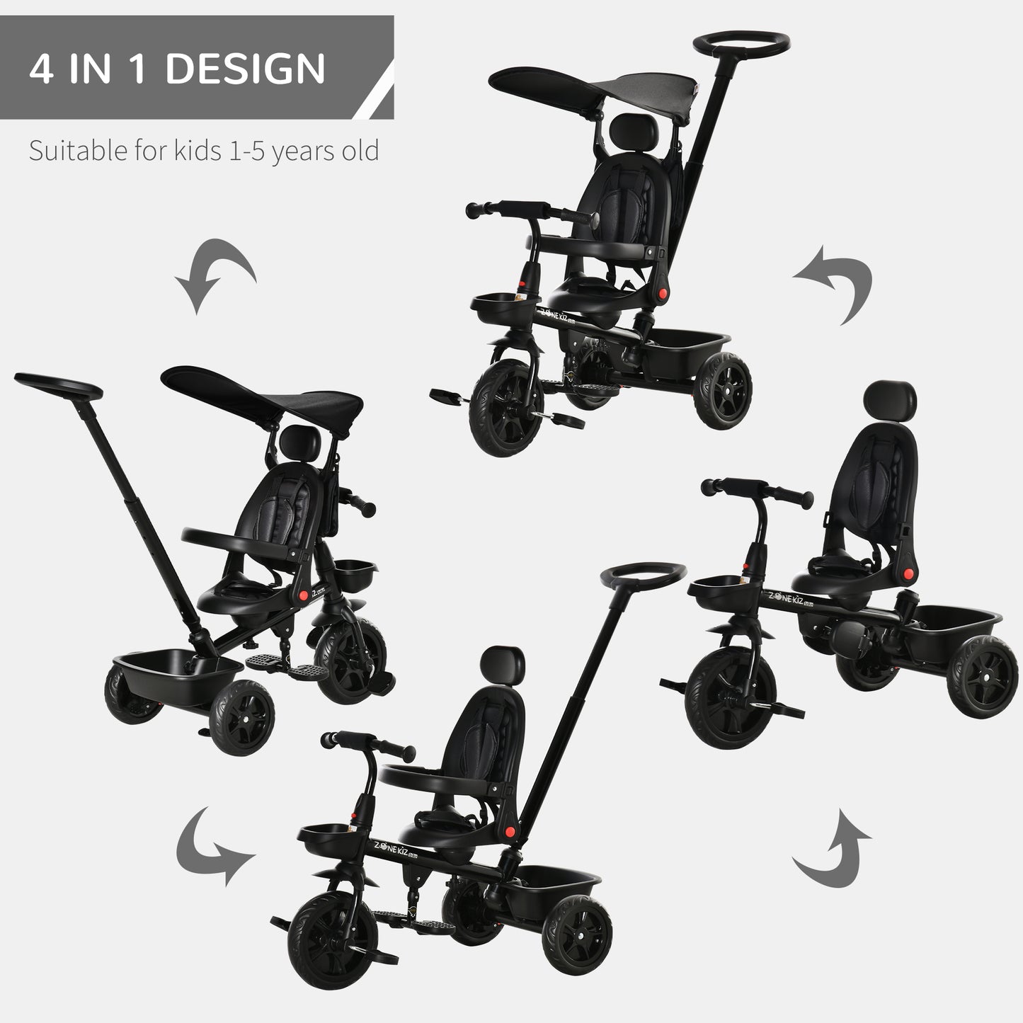 Tricycle évolutif 5-en-1 avec poignée parentale