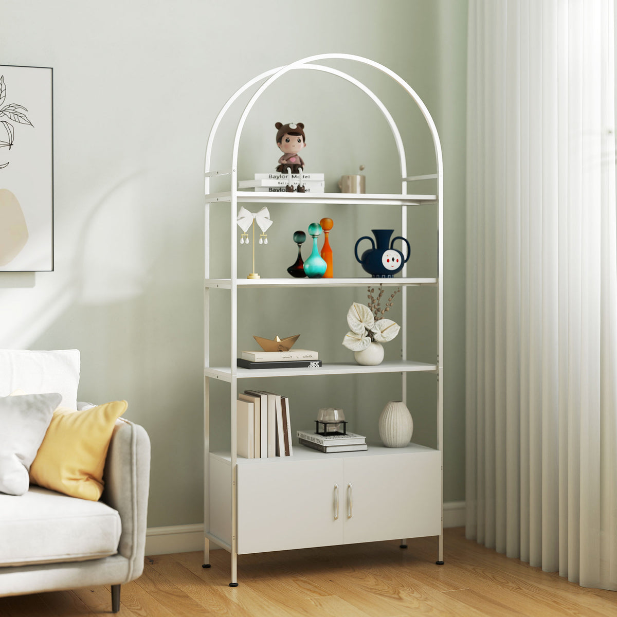 Bibliothèque arquée à 4 niveaux avec meuble de rangement