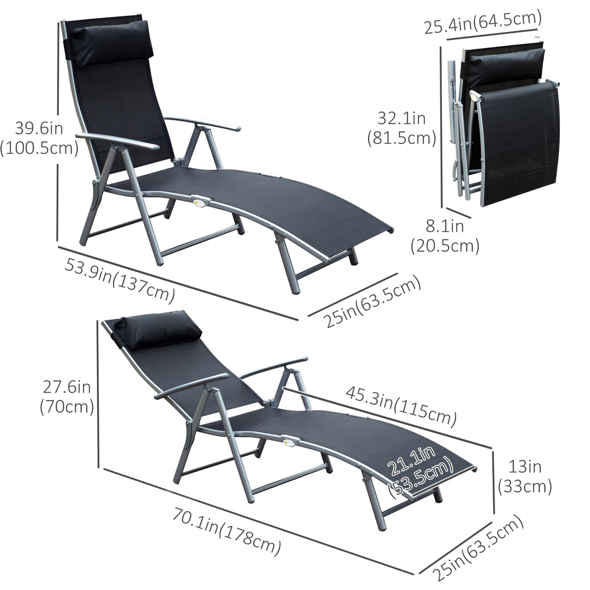 Chaise longue pliante réglable en acier — 7 positions