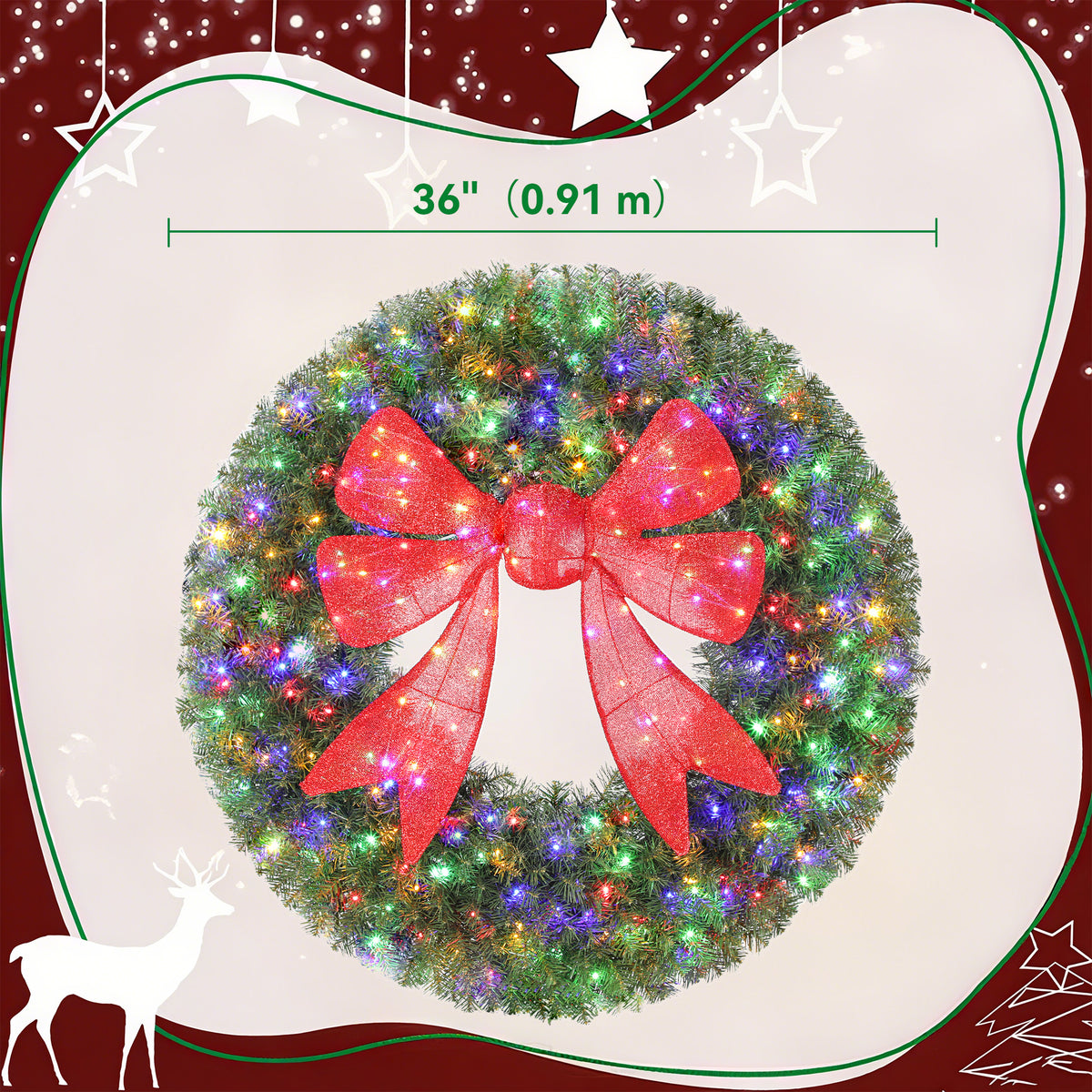 Couronne de Noël illuminée nœud 3D 91 cm