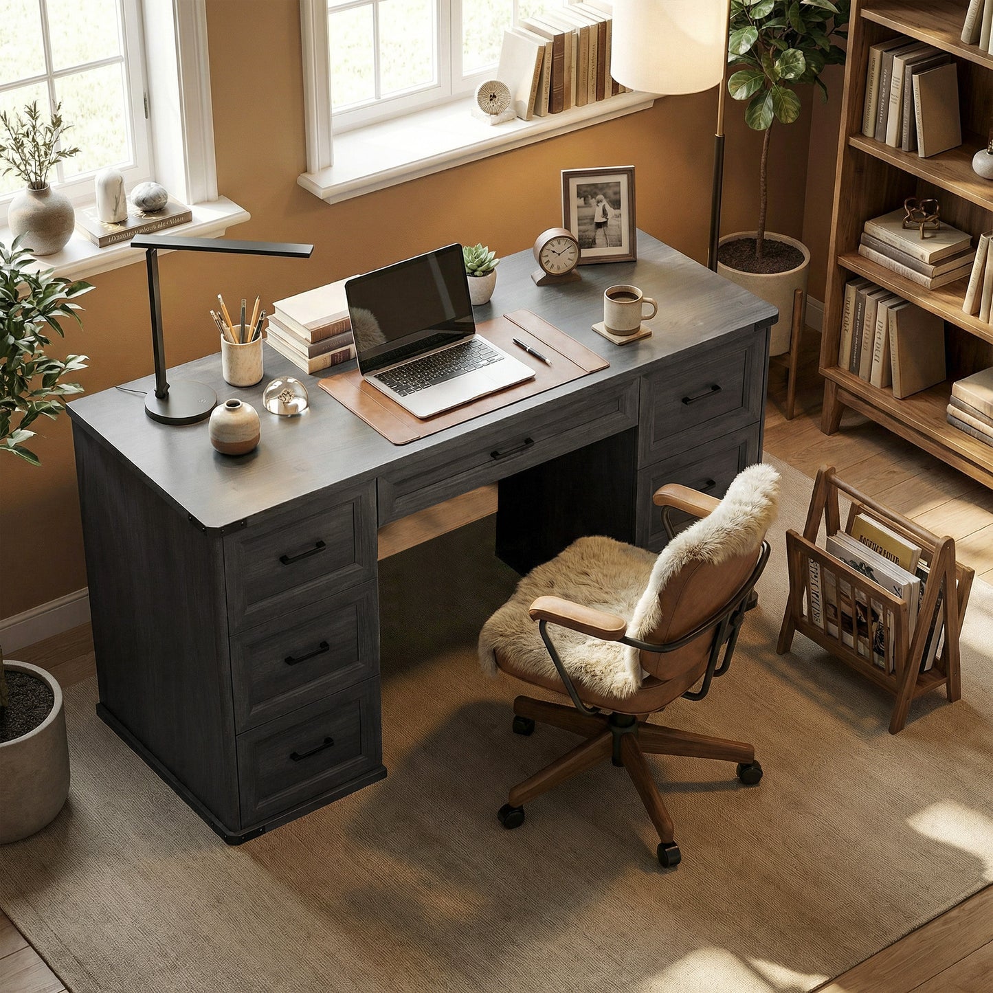Bureau d'ordinateur 7 tiroirs style fermette 140 cm