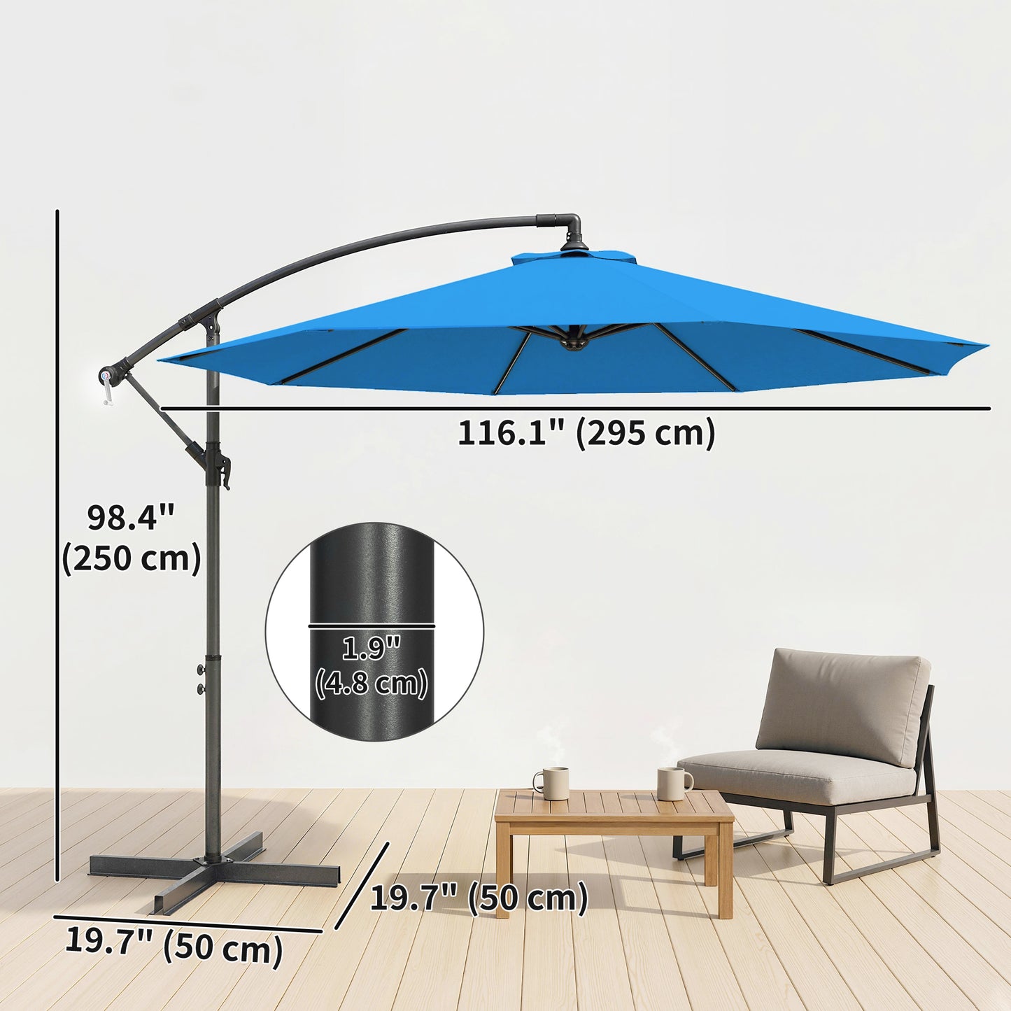 Parasol déporté avec base et manivelle 300 cm