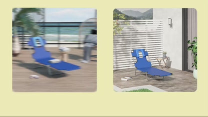 Folding Lounge Chair Outdoor, Tanning Chair with Face Hole Arm Slots, Beach Chaise Lounger with Pillow, 5-Position Adjus