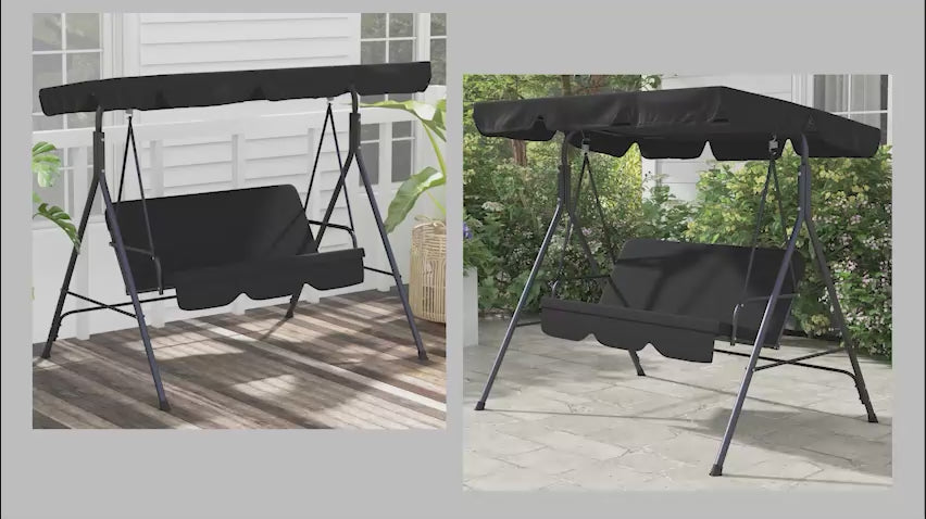 3-Seater Outdoor Porch Swing with Adjustable Canopy, Patio Swing Chair for Garden, Poolside, Backyard, Black