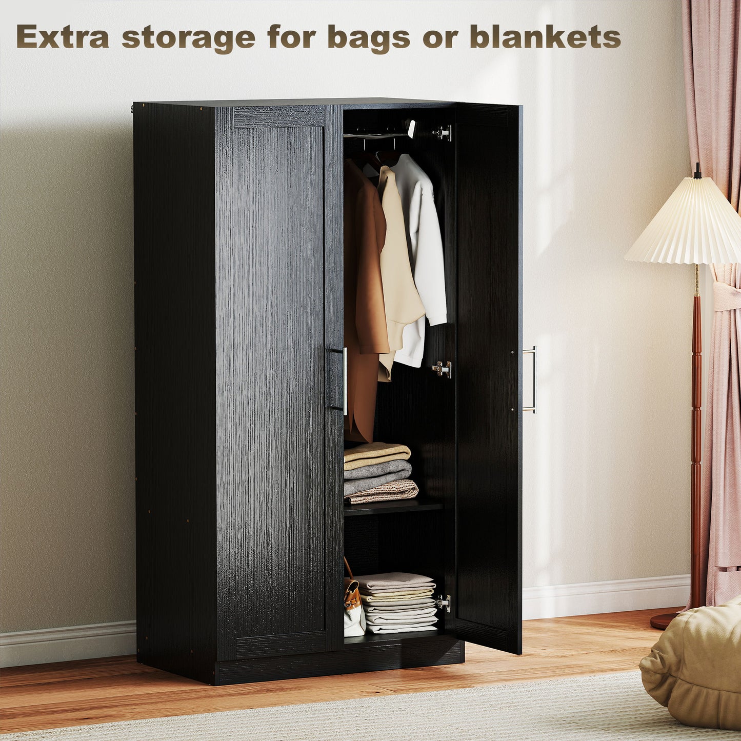 Armoire penderie 2 portes avec tringle — effet bois noir