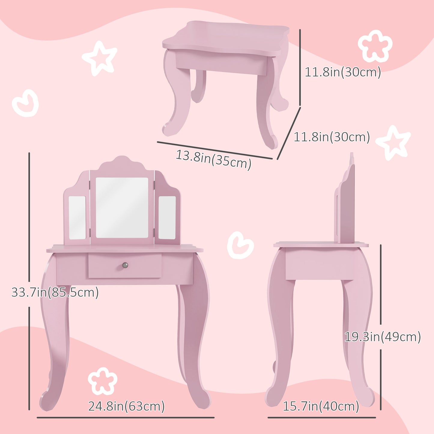 Coiffeuse enfant avec tabouret et miroirs pliants